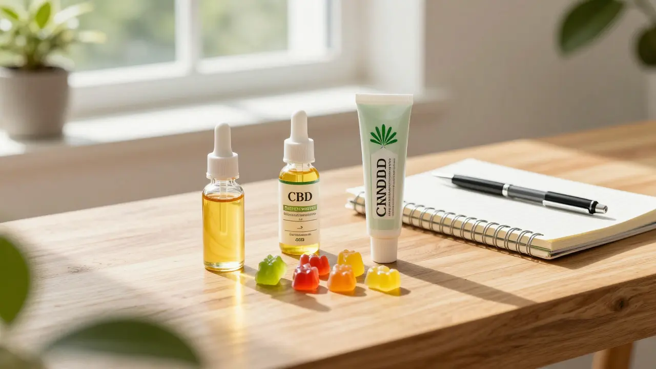 Sběrka produktů CBD na dřevěném stole při přirozeném světle