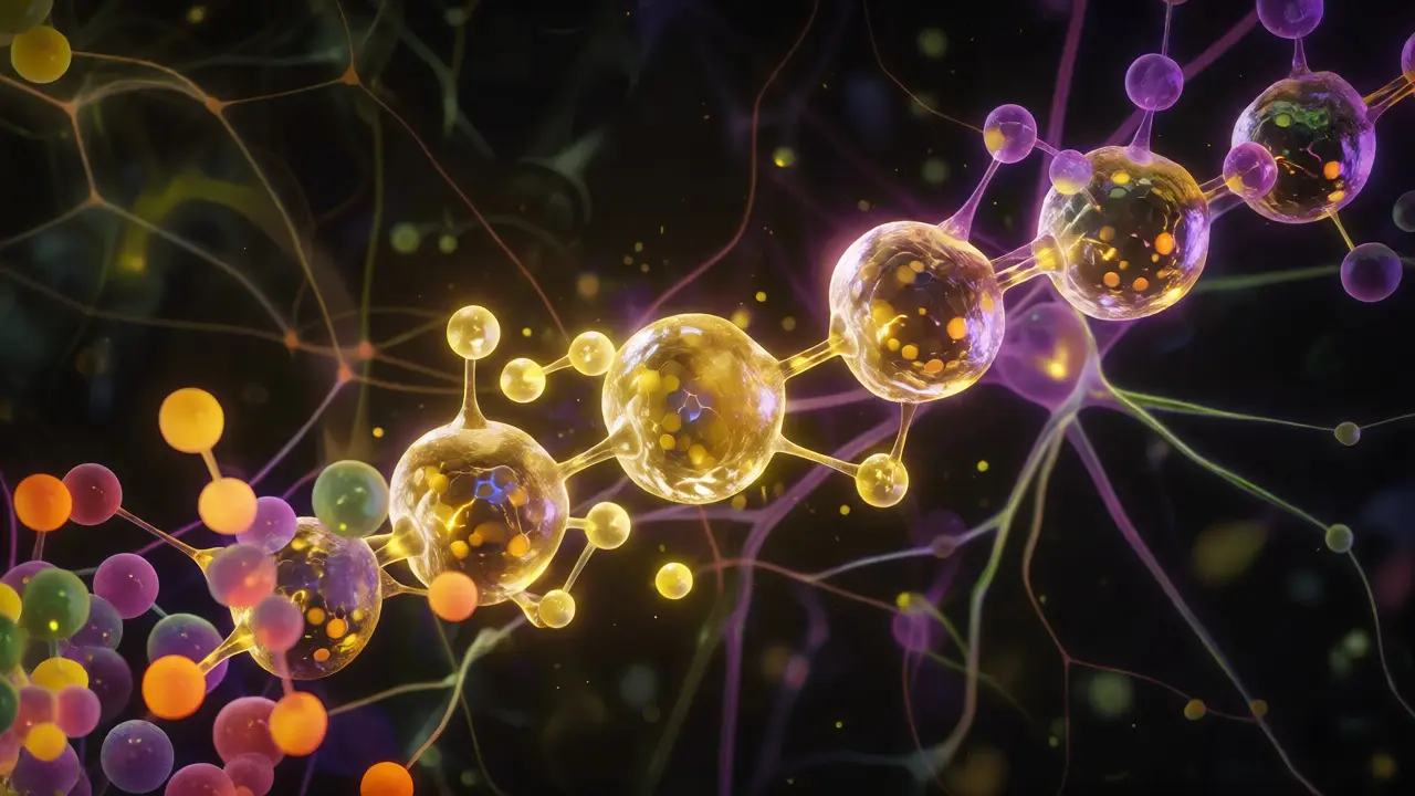 Abstraktní vizualizace molekul kanabinoidů a terpenů tvořících synergetický efekt.