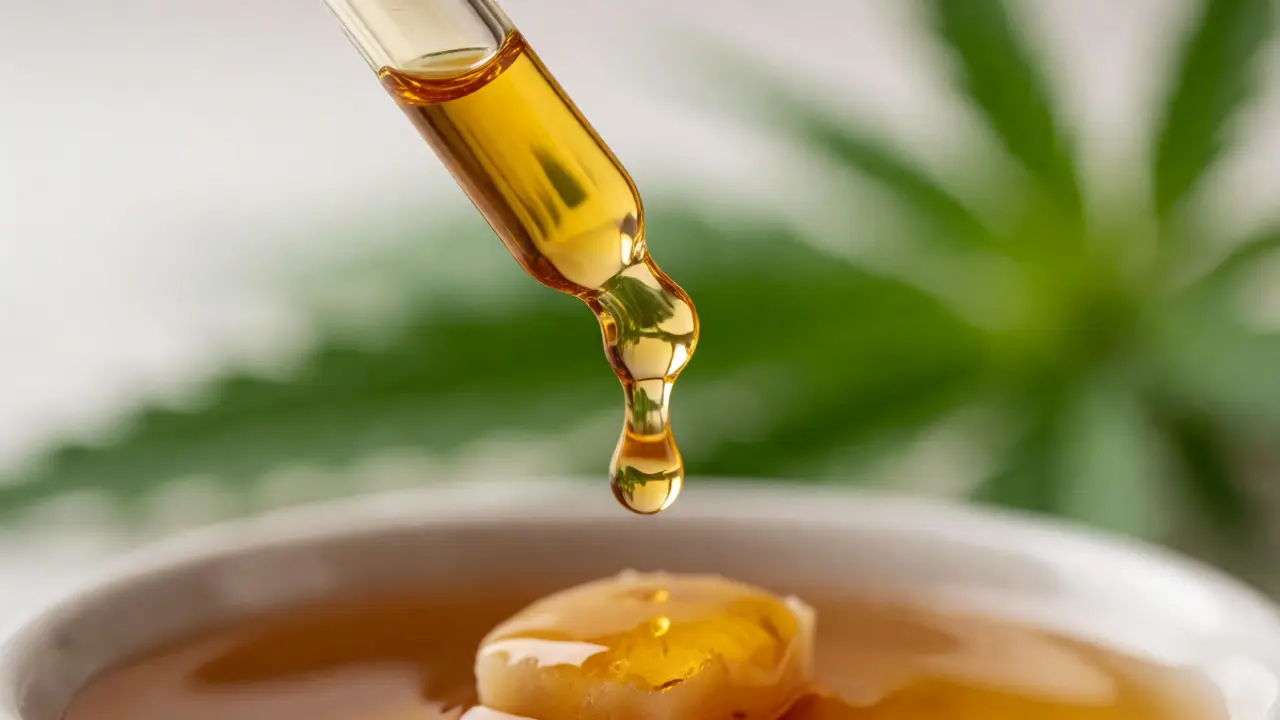 Kapka CBD oleje stékající z kapátka do misky pro psa