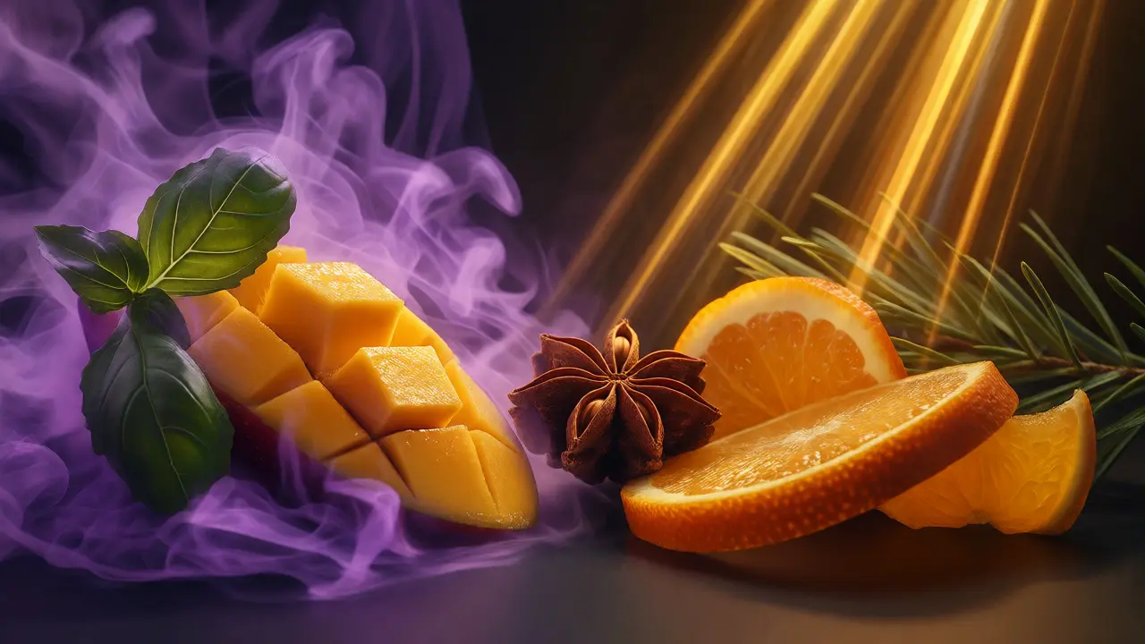 Macro shot contrasting mango and basil with oranges and pine to show different terpene effects.