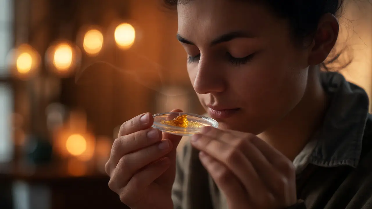 Osoba vnímající vůni CBD shatteru v teplém, útulném prostředí