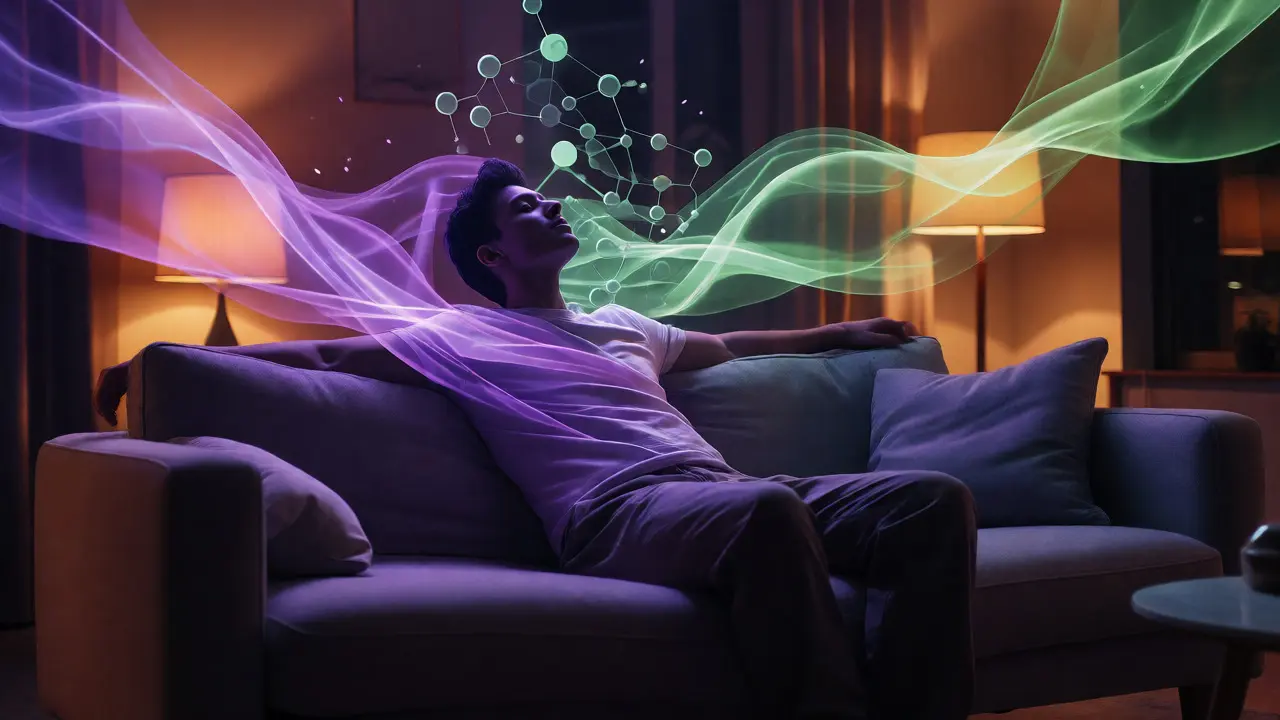 Person relaxing on a sofa surrounded by swirling colored ribbons representing terpene effects.