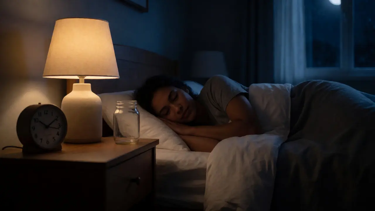 Person sleeping peacefully in a dimly lit bedroom at night