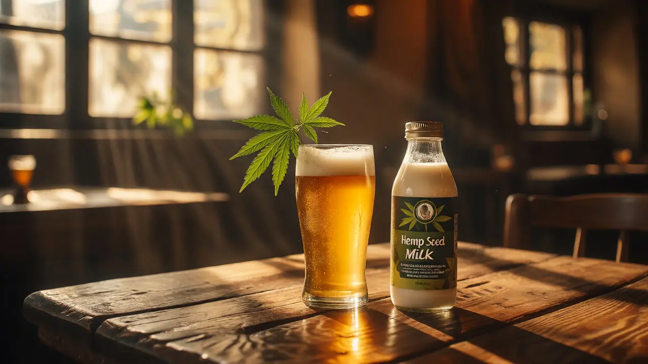 Pivo s konopnou přílohou na dřevěném stole v hospodě