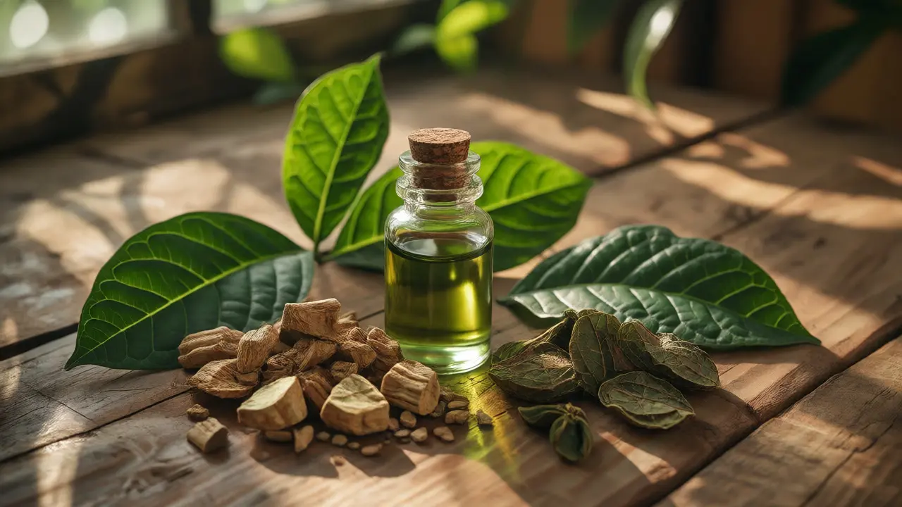 Přírodní suroviny jako CBD olej, kořen kavy a listy kratomu na dřevěném stole.