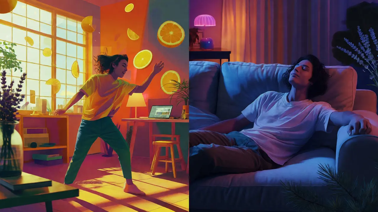 Rozdělený obraz znázorňující kontrast mezi energickým stavem a hlubokou relaxací.