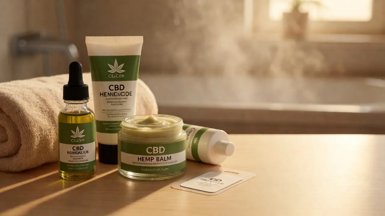 Různé formy CBD produktů na dřevěném povrchu v teplém osvětlení koupelny