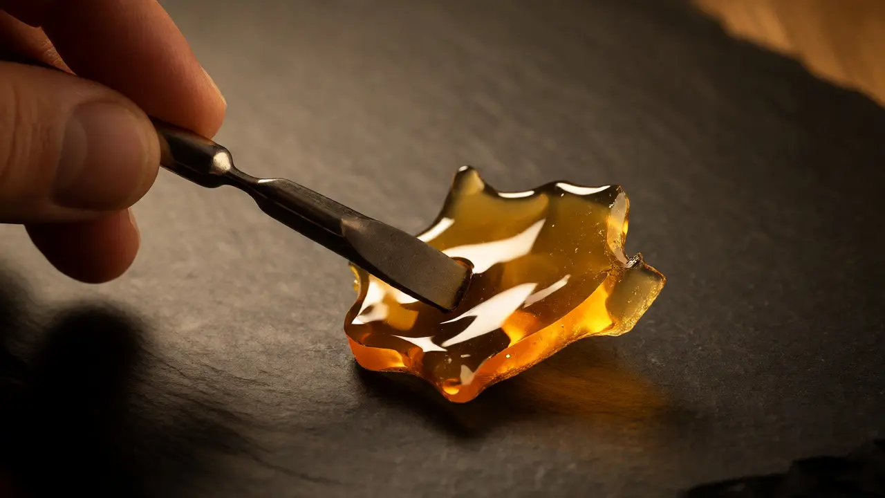 Test konzistence CBD shatteru pomocí kovového nástroje na tmavém povrchu