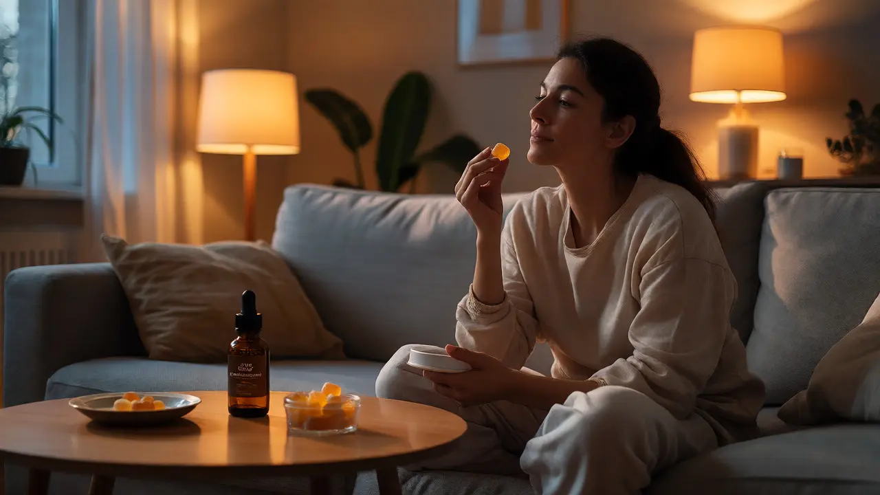Žena večer relaxuje na gauči s CBD gumou v ruce.