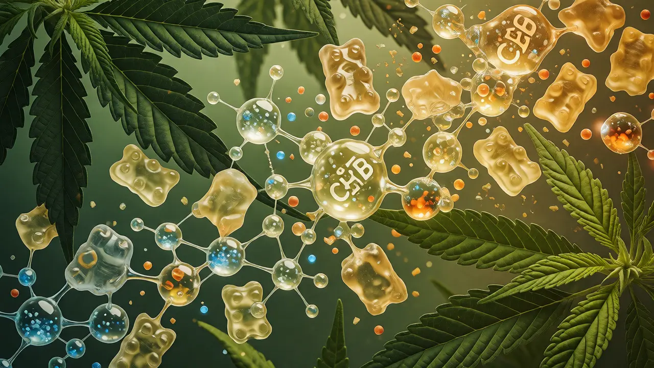 Abstraktní vizualizace rozpadu edibles a účinku kanabinoidů a terpenů.