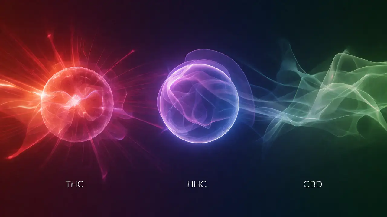 Abstraktní vizualizace spektra kanabinoidů: THC, HHC a CBD jako různé barevné koule