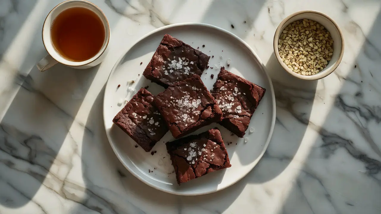 Čokoládové brownie s mořskou solí a semínky konopí na mramorovém povrchu
