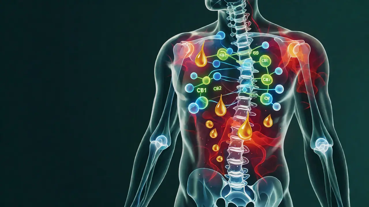Konceptuální znázornění interakce CBD s receptory endokanabinoidního systému