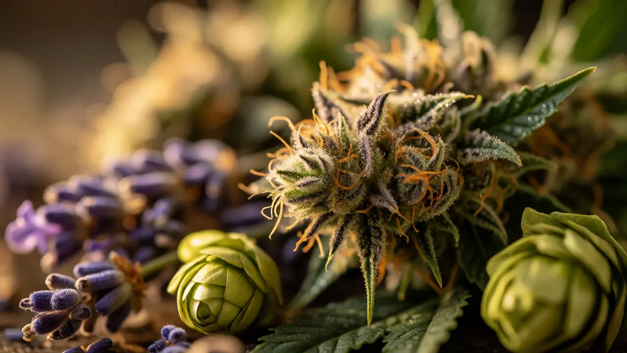Makro snímek konopných květů vedle levandule a chmele, symbolizující relaxační terpeny pro lepší spánek.