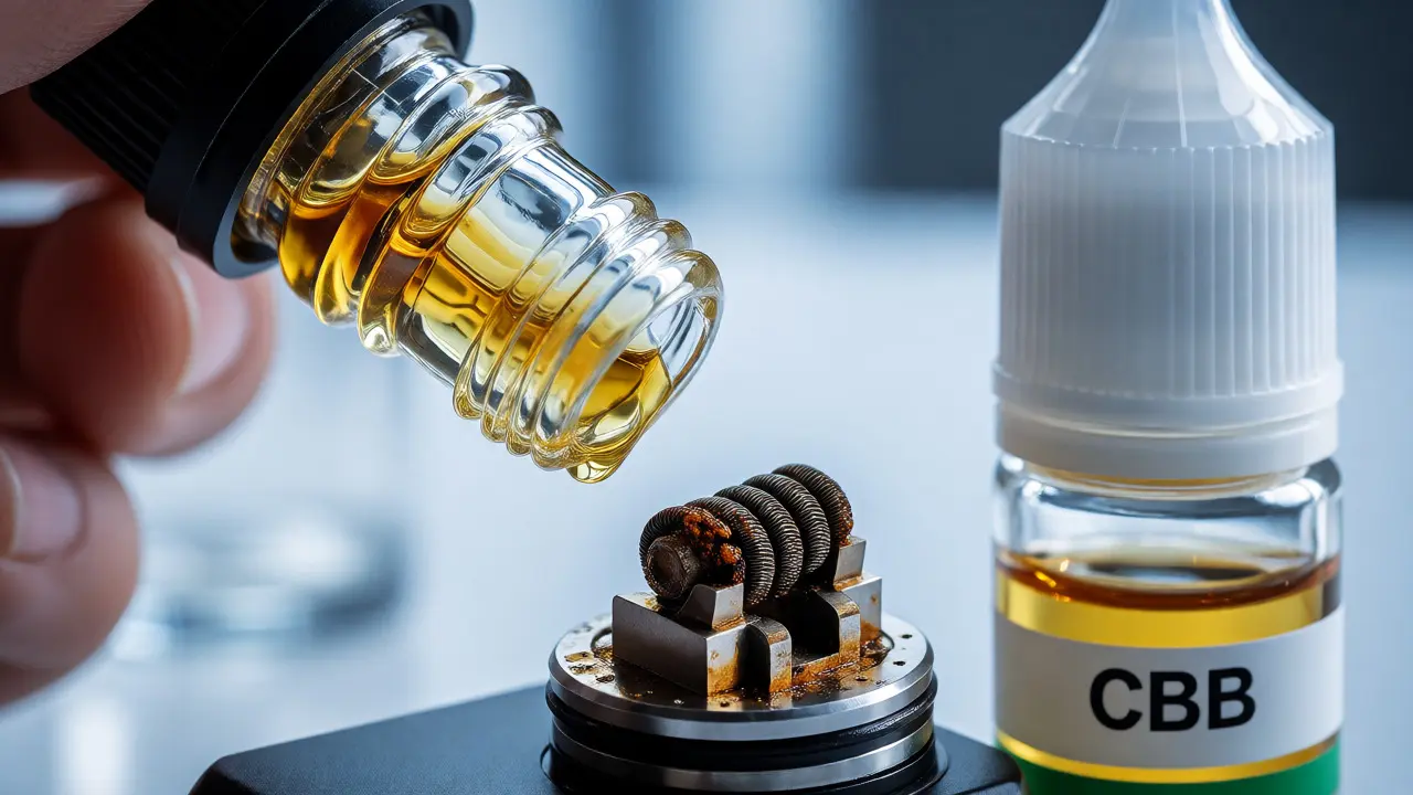 Makro záběr na ucpanou spirálku vapovačky vedle lahvičky s hustým olejem