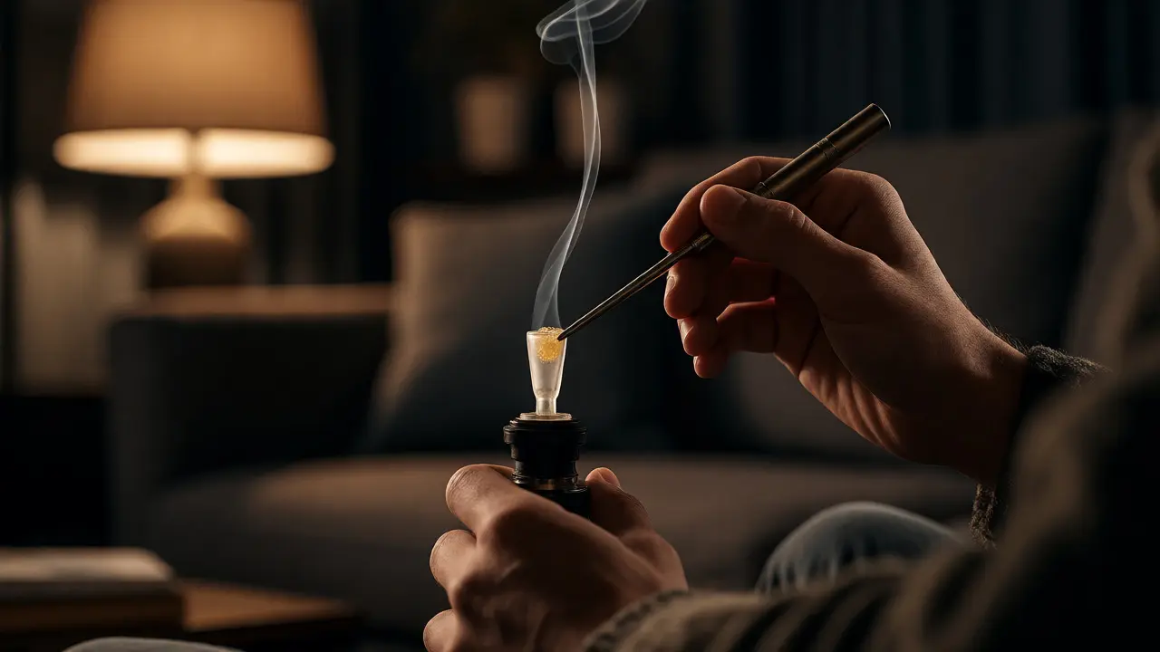 Osoba používající dab rig pro zahřívání malého množství CBD shatteru v klidném prostředí.