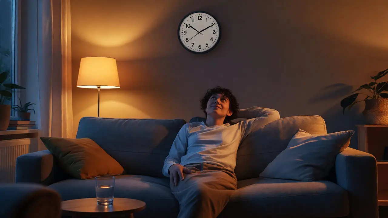 Osoba relaxující na gauči večer, čekající na nástup účinku edibl