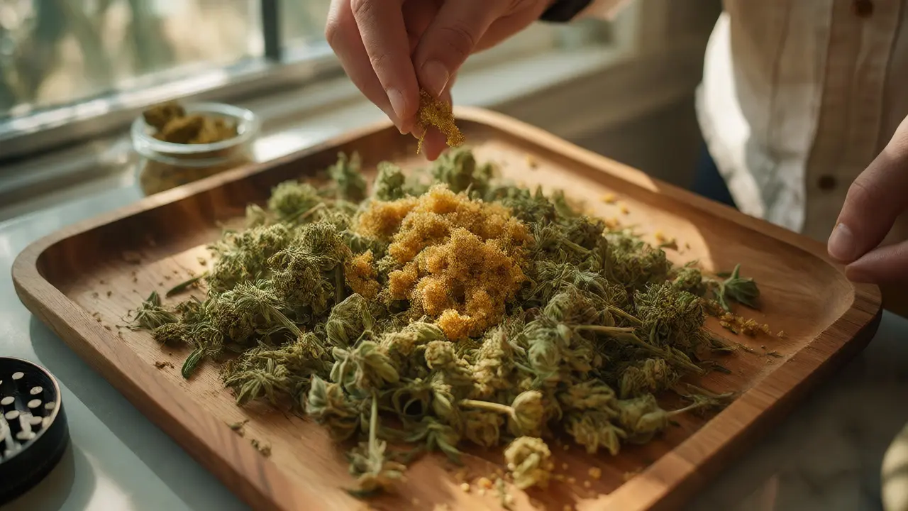 Ruce posypávající sušený konopný květ zlatým CBD crumble na dřevěném tácku.