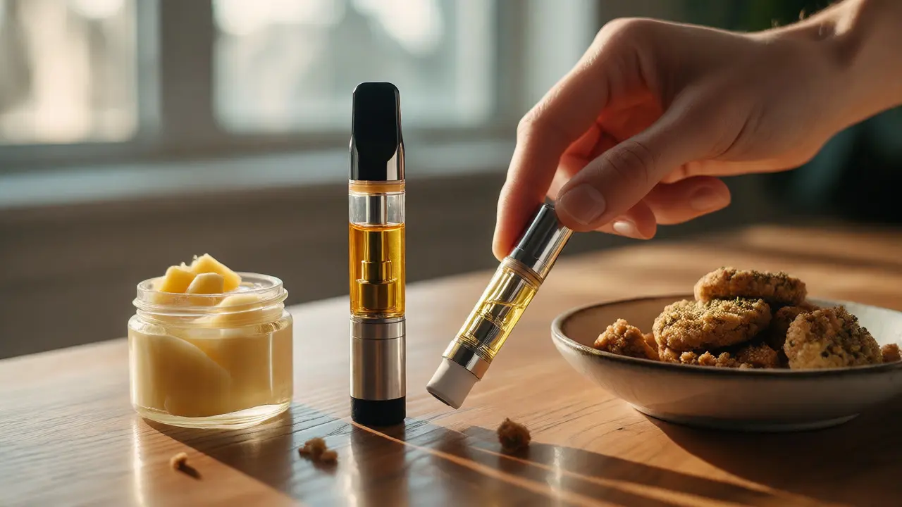 Vaporizér na olej vedle rozdrobených sušenek a másla.